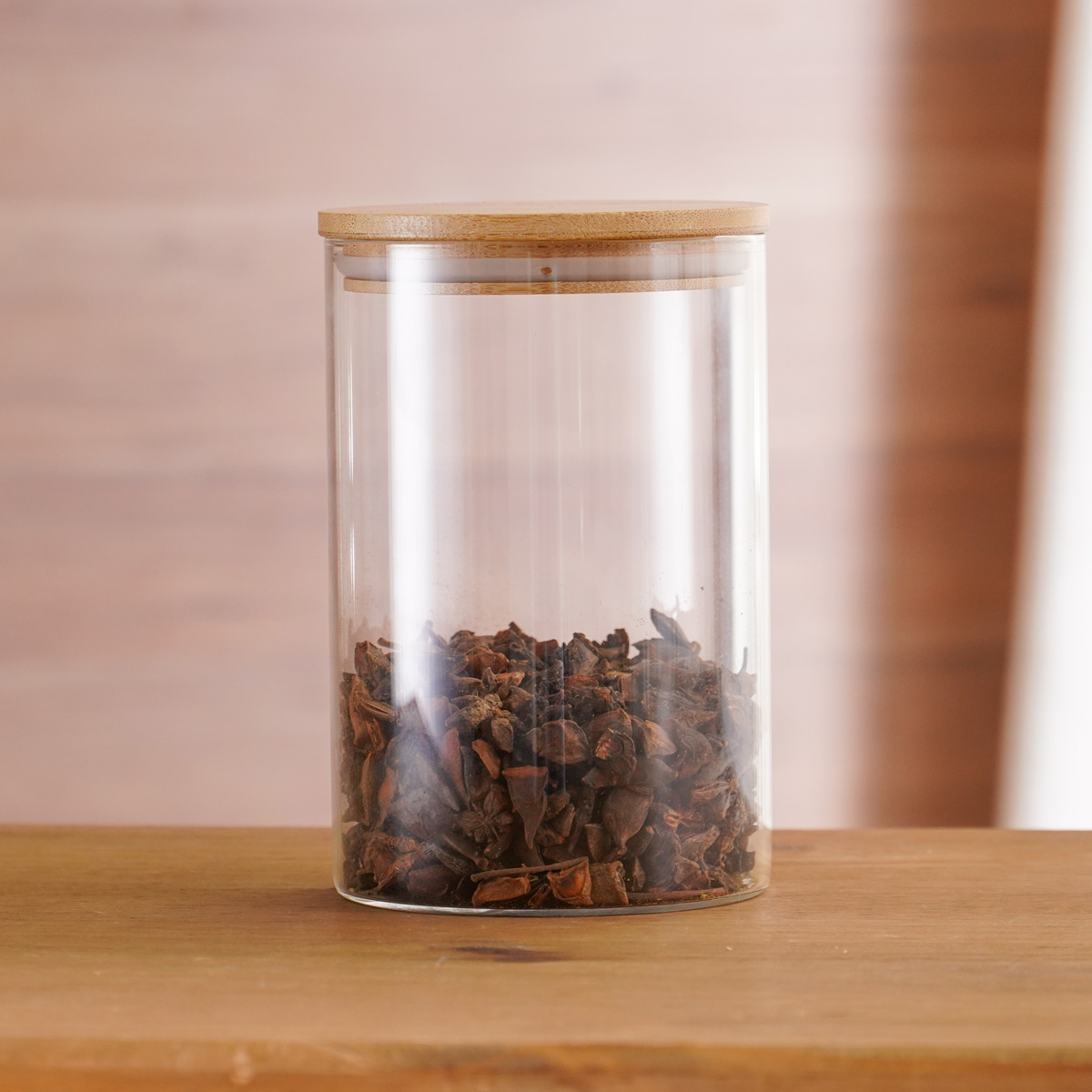 POTE VIDRO TUBULAR COM TAMPA DE BAMBU 1L - 10cm X 15cm - TRANSPARENTE (SC)