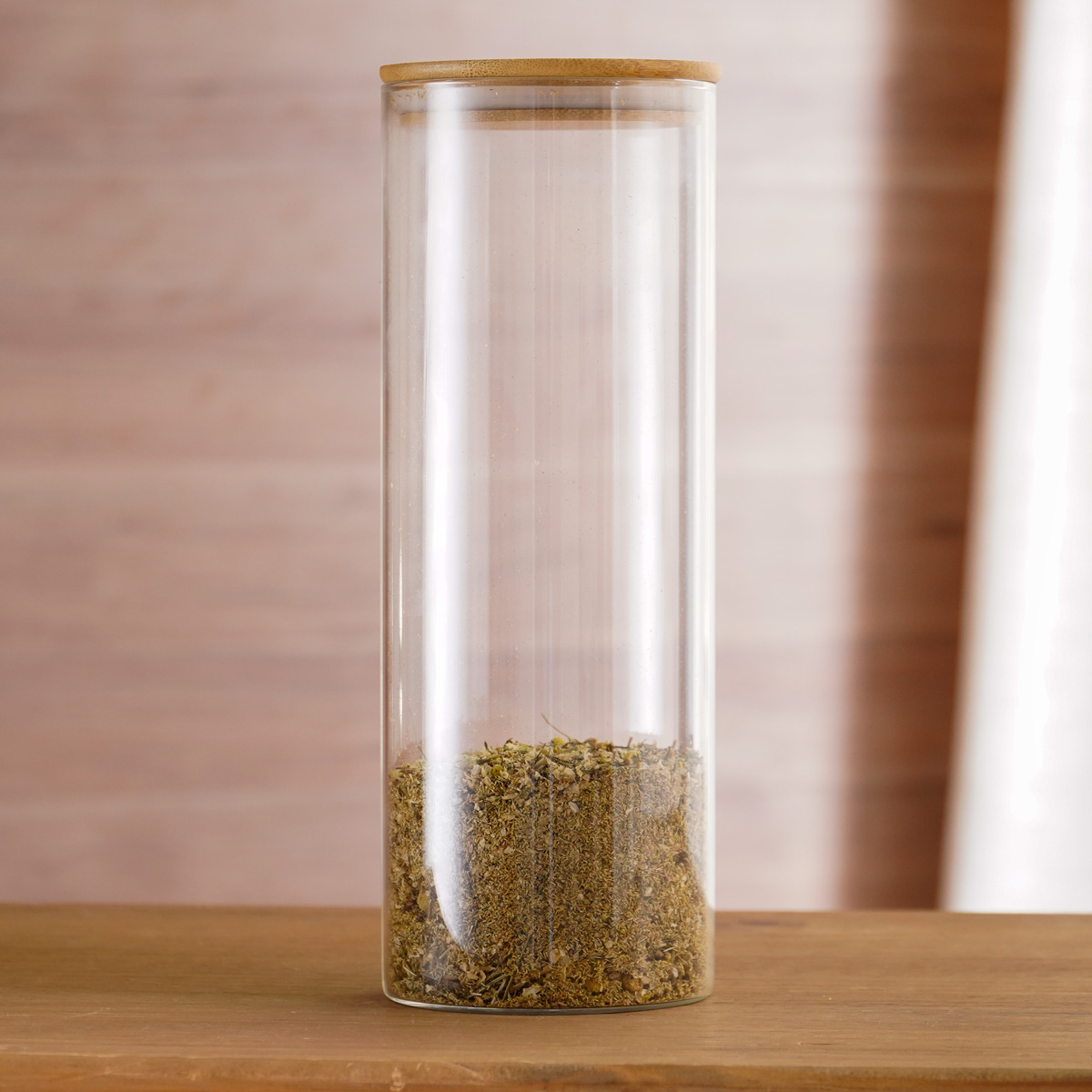 POTE VIDRO TUBULAR COM TAMPA DE BAMBU 1,5L - 10cm X 25cm - TRANSPARENTE (SC)