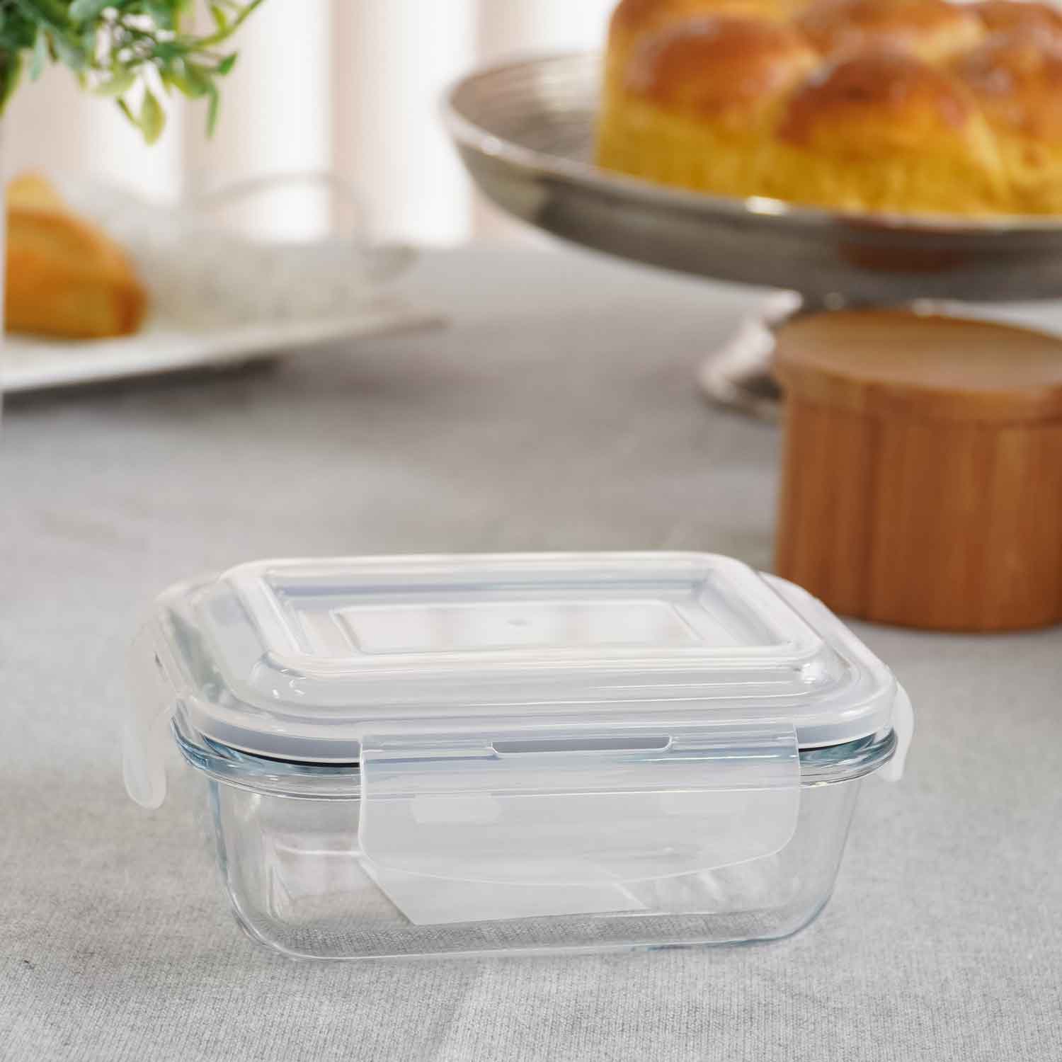 POTE DE VIDRO RETÂNGULAR TAMPA HERMÉTICA 370ml - 14,5cm X 10,4cm X 5cm - TRANSPARENTE (SC)