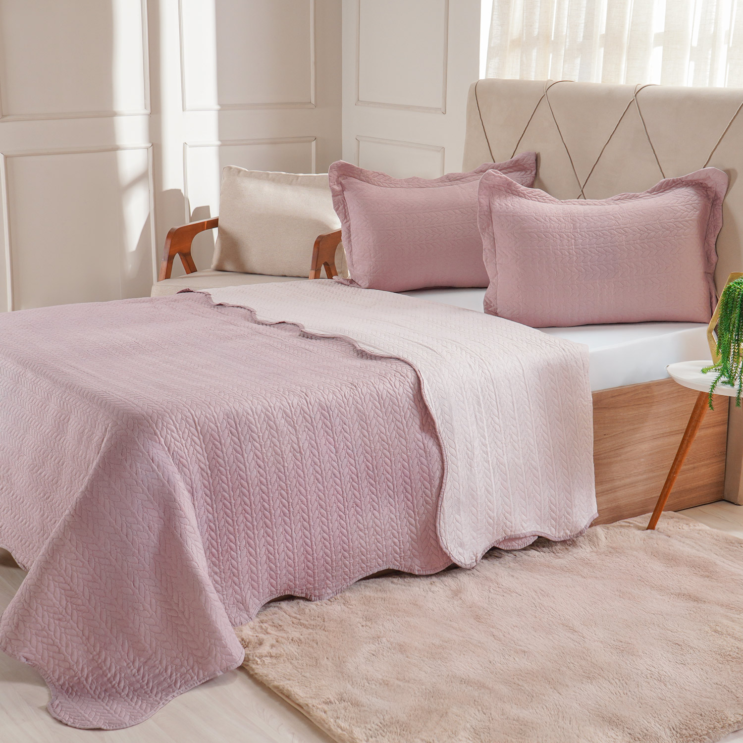 KIT COBRELEITO ULTRA LISSE PORTA TRAVESSEIRO CASAL ROLINHO UNITÁRIA LISA 2,10m x 2,30m - MAUVE (SC)