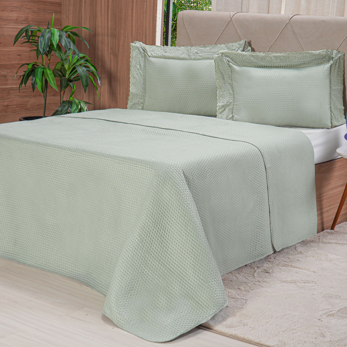 KIT COLCHA BORDADO INGLÊS KING - VERDE MENTA (SC)